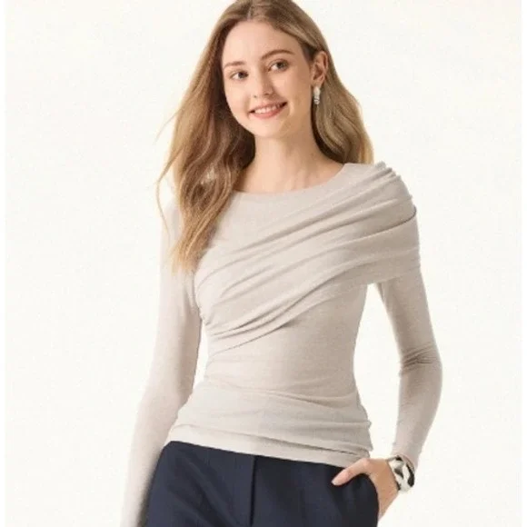 NEW OGL Merino Wool Tencel Drape Neck Long Sleeve Top Beige Large Built-in Bra - Picture 1 of 8